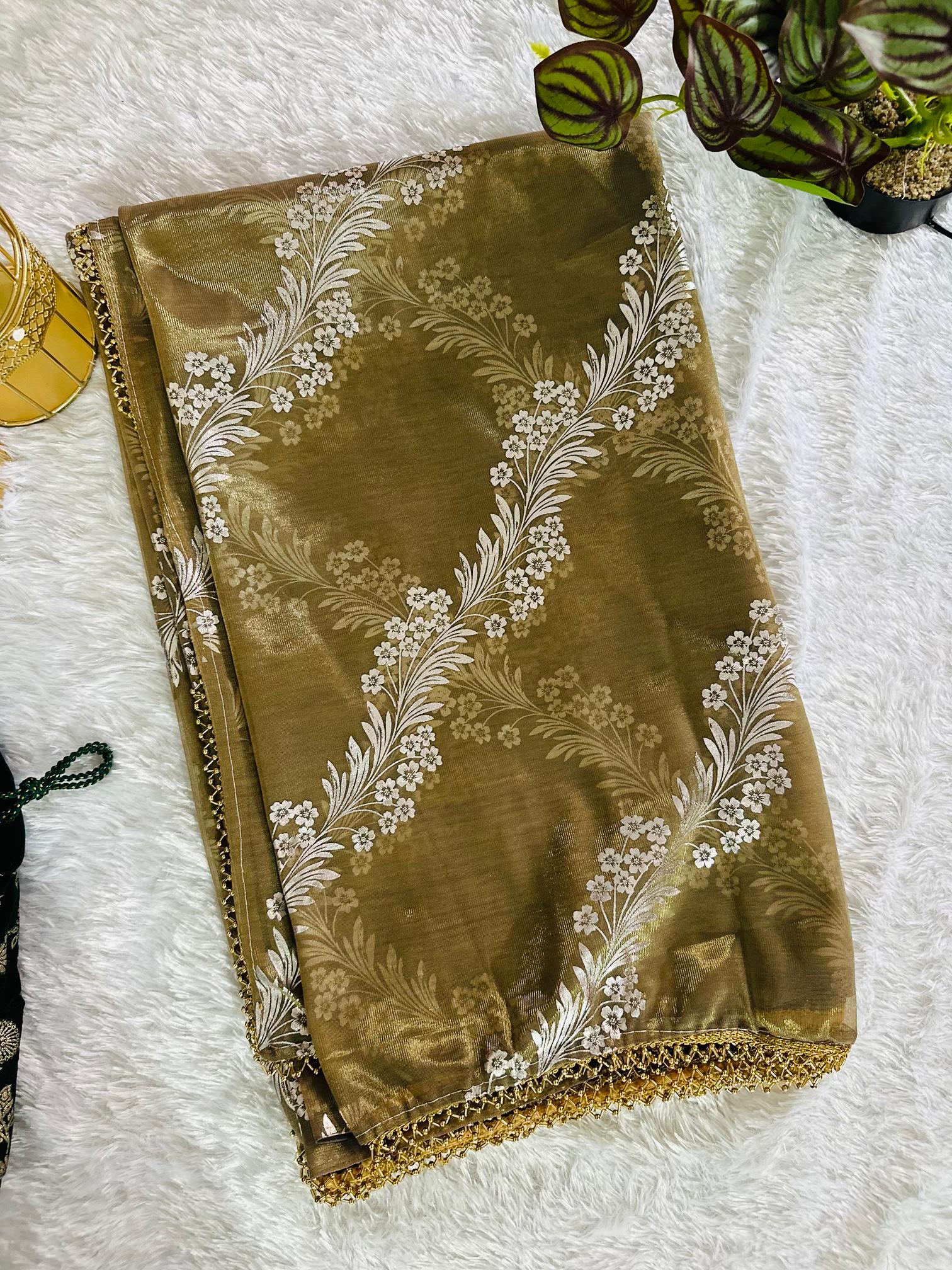 Chiku Tissue Soft Silk Saree With Designer blouse