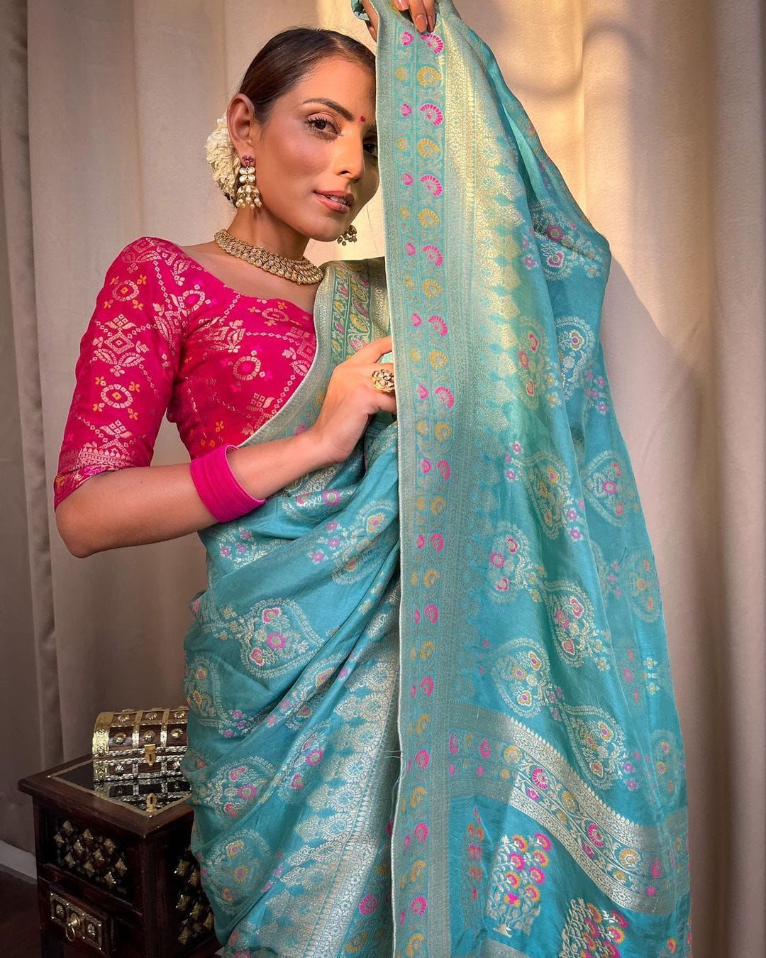Flamboyant Sky Colour Traditional Looking Silk Saree