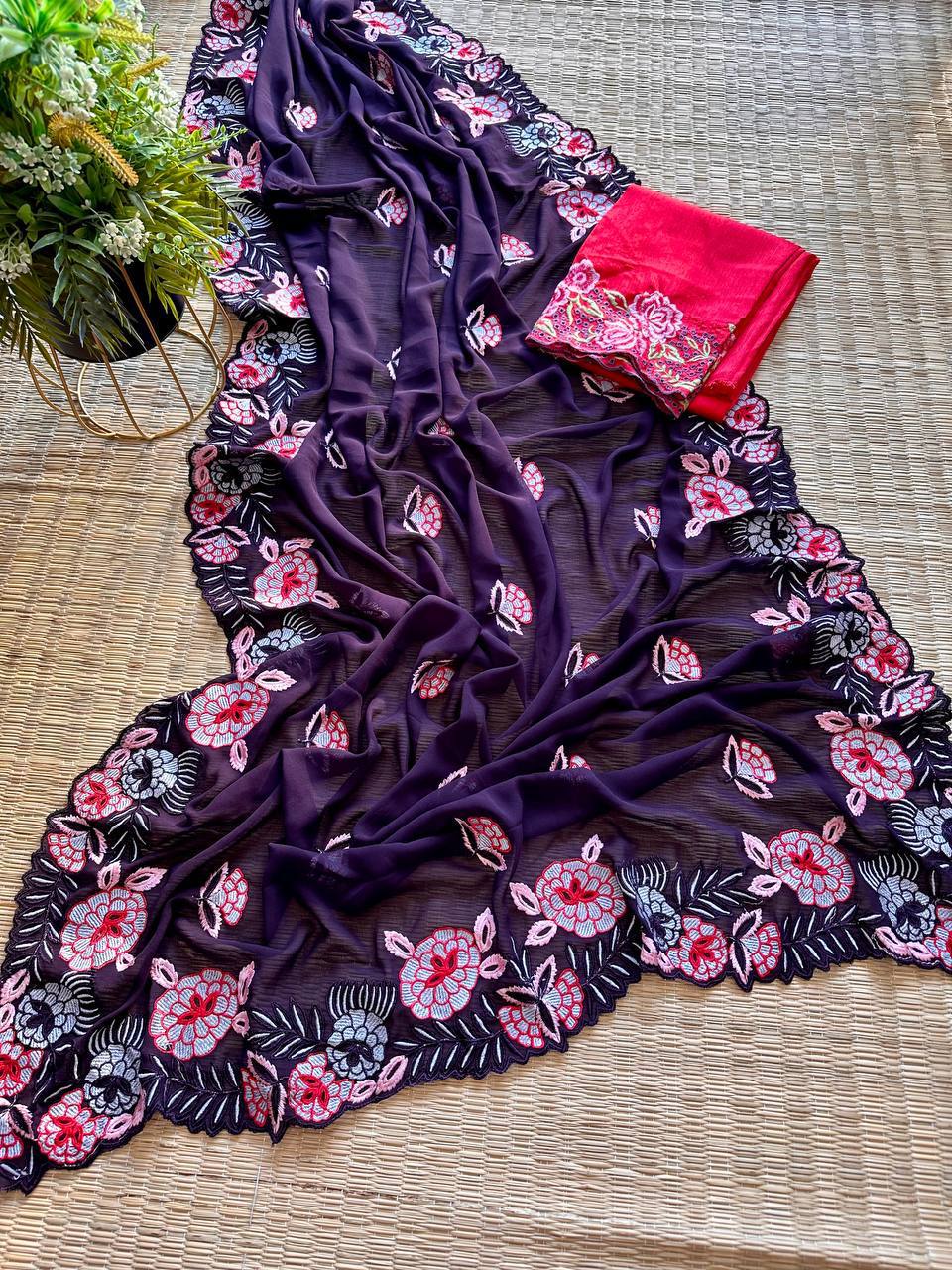 Purple Beautiful Georgett silk Sarees With Embroidery Cutwork Border