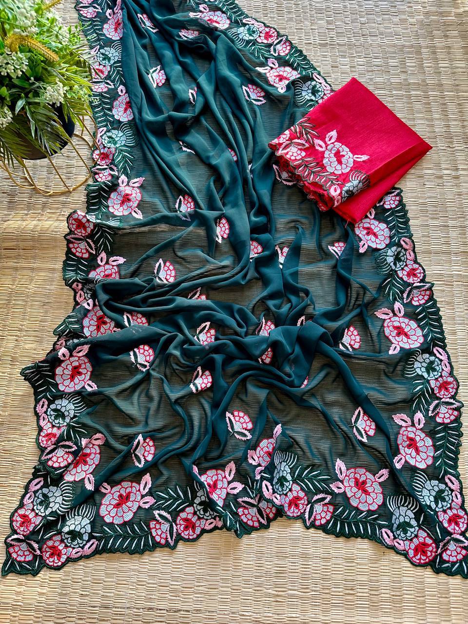 Rama Beautiful Georgett silk Sarees With Embroidery Cutwork Border