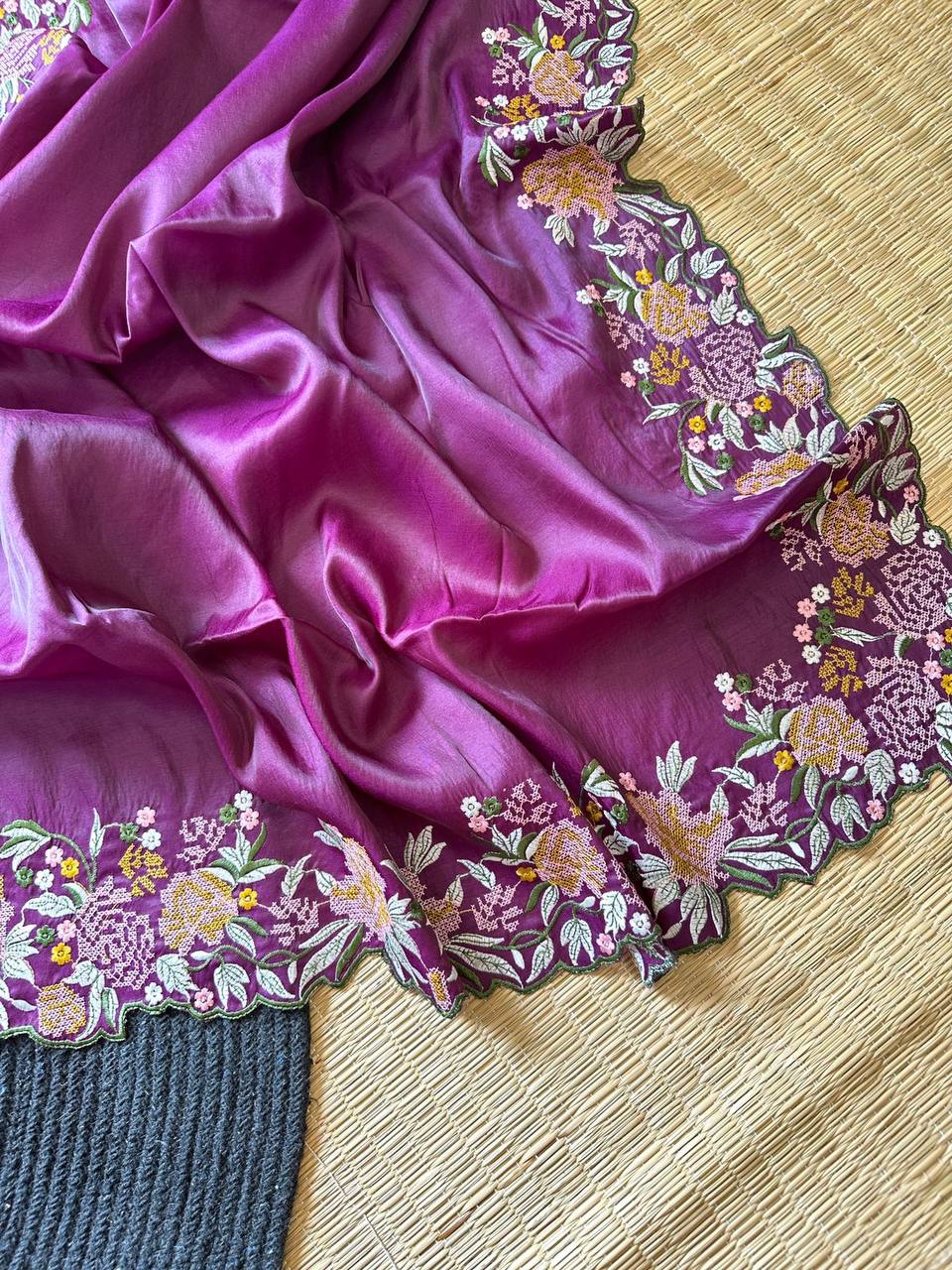 Purple Pure Tussar silk saree With Embroidery viscose Thread work