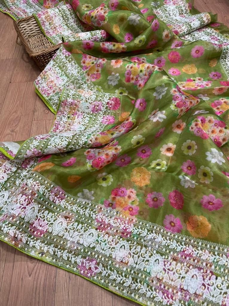 Pista Green Soft & Pure Organza silk saree WithBeautiful Floral Designe