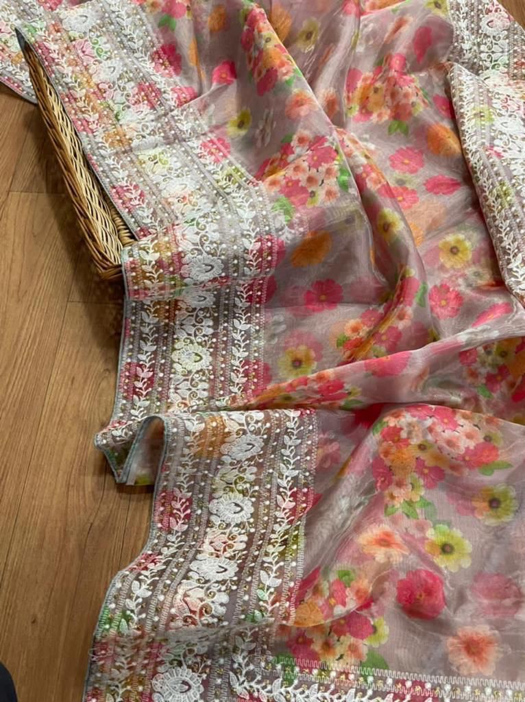 Chiku Soft & Pure Organza silk saree WithBeautiful Floral Designe