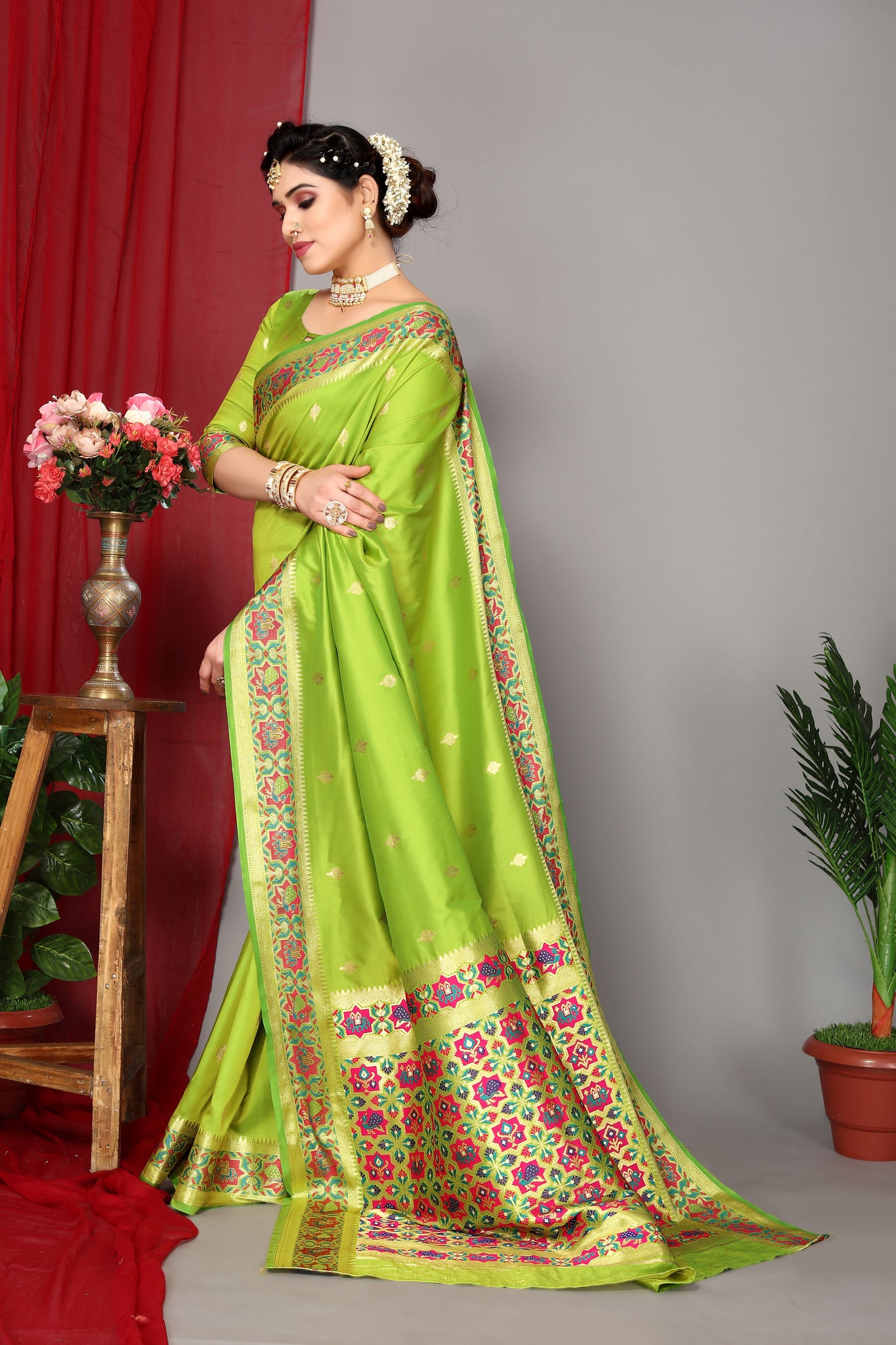 Pista Green Soft Silk Saree With Golden Zari Border