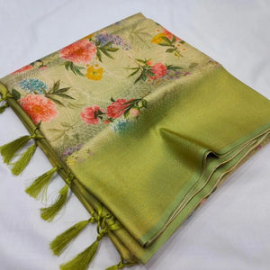 Pista Soft Silk Saree With floral Digital Print