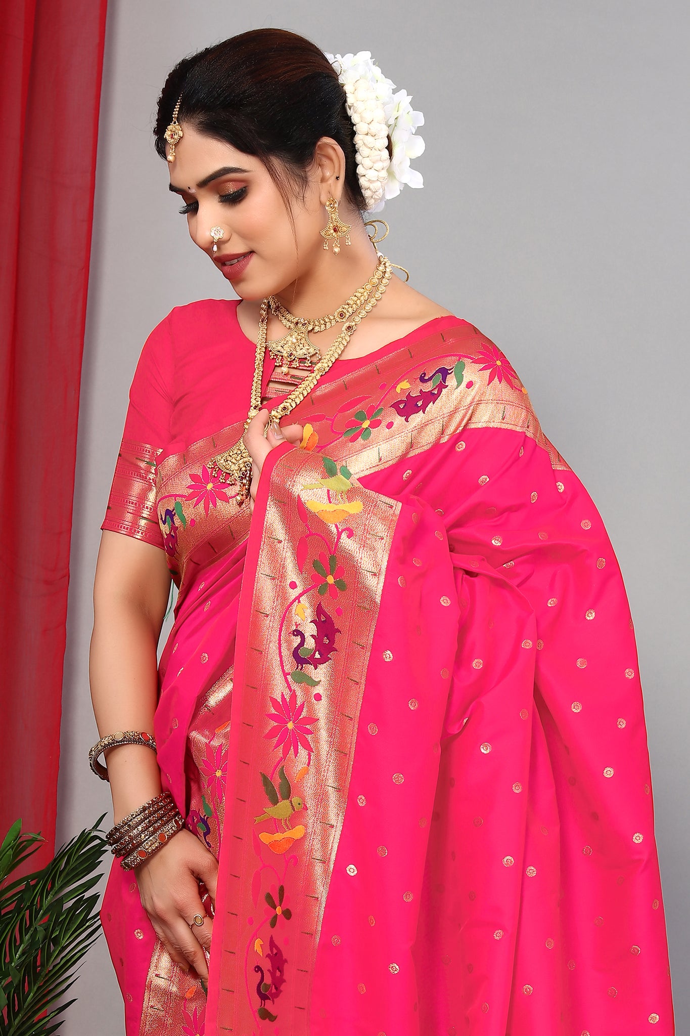 Gajri Soft Lichi Saree With Gold Sequnce Weaving