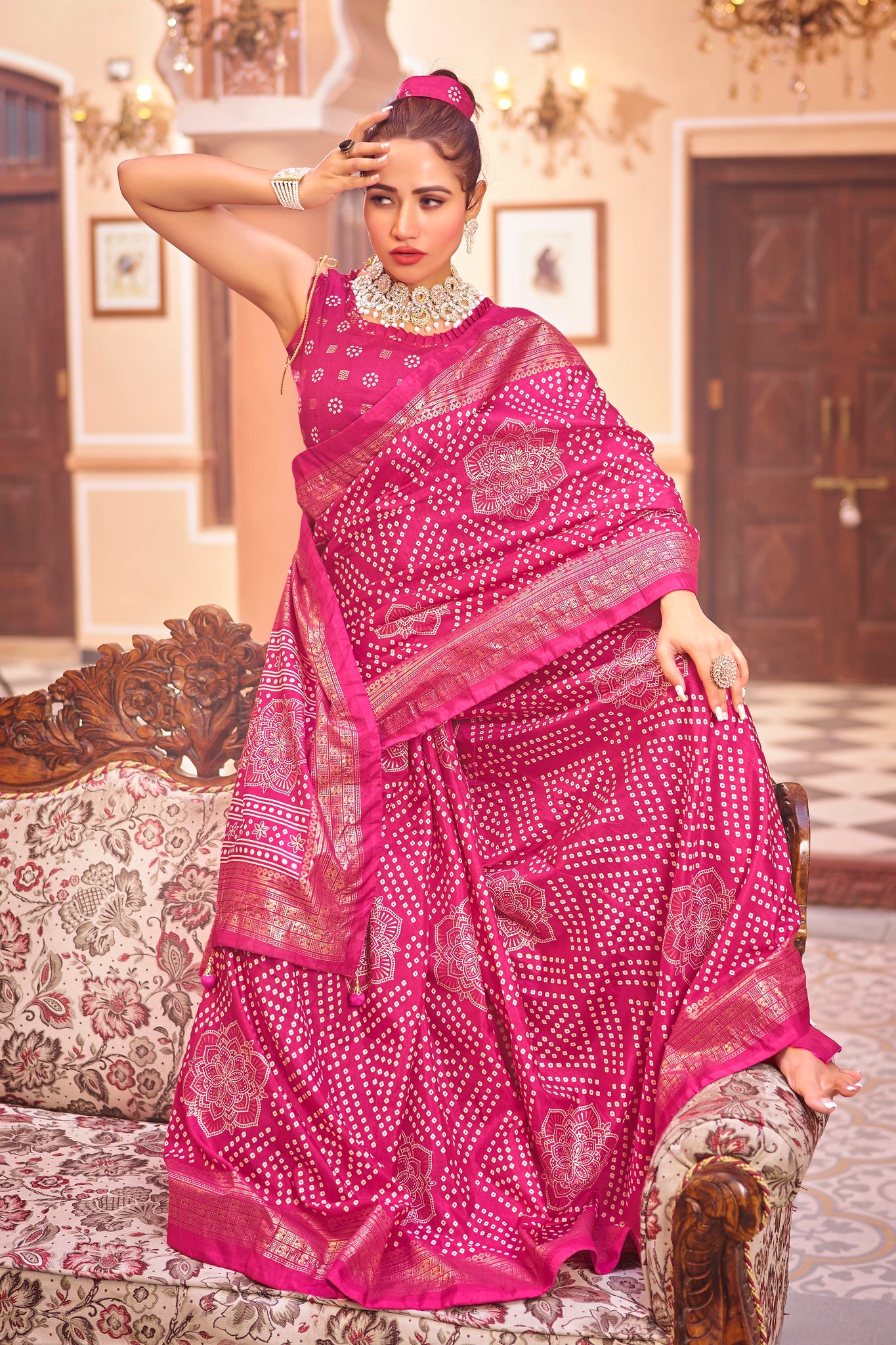 Pink Soft Lichi Saree With Gold Zari Weaving