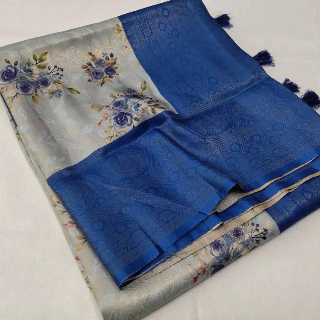 Blue Colour Digital Printed Soft Silk Saree