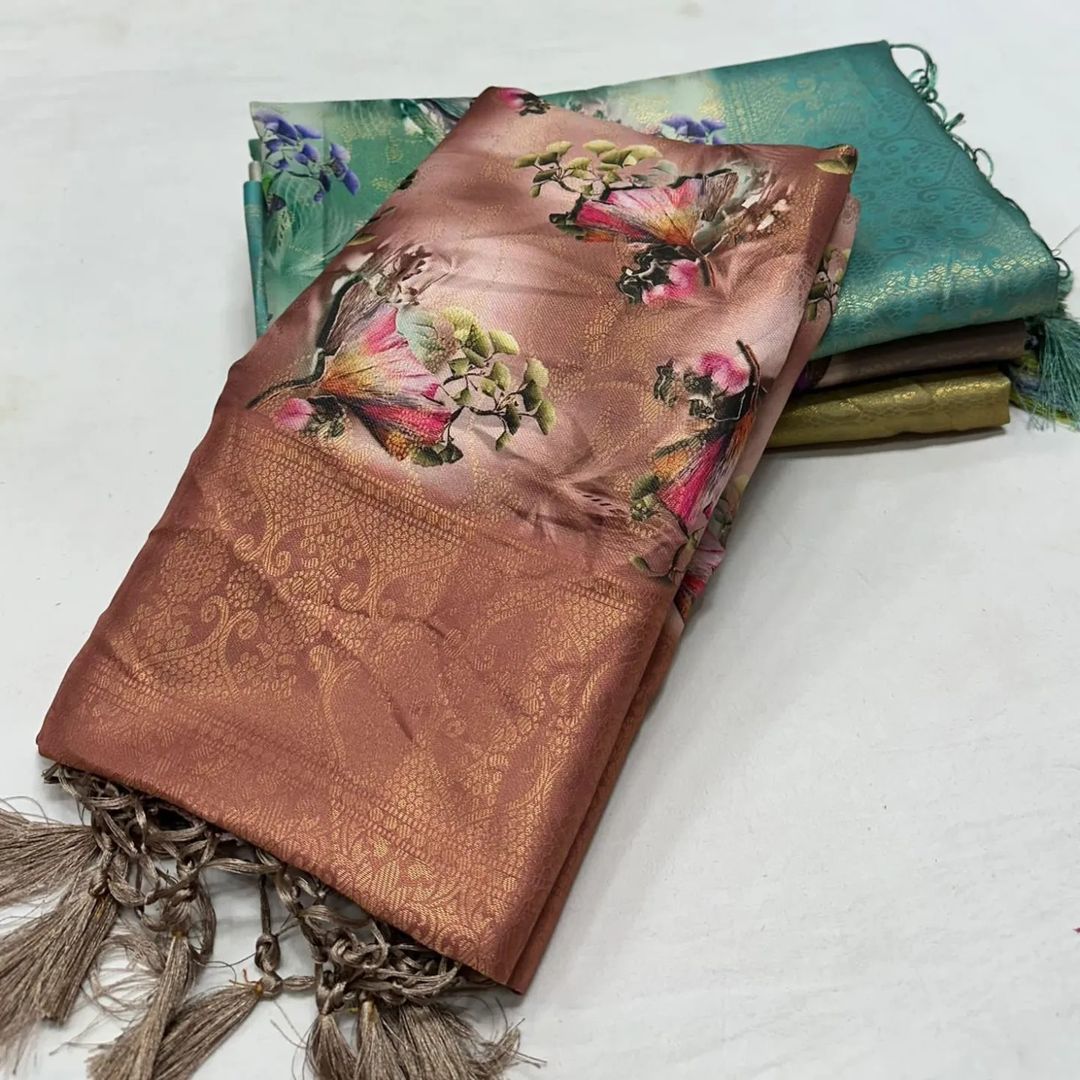 Brown Colour Digital Printed Soft Silk Saree