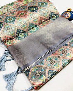 Grey Colour Digital Printed Soft Silk Saree