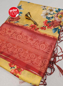Yellow Nd Red Colour Digital Printed Soft Silk Saree