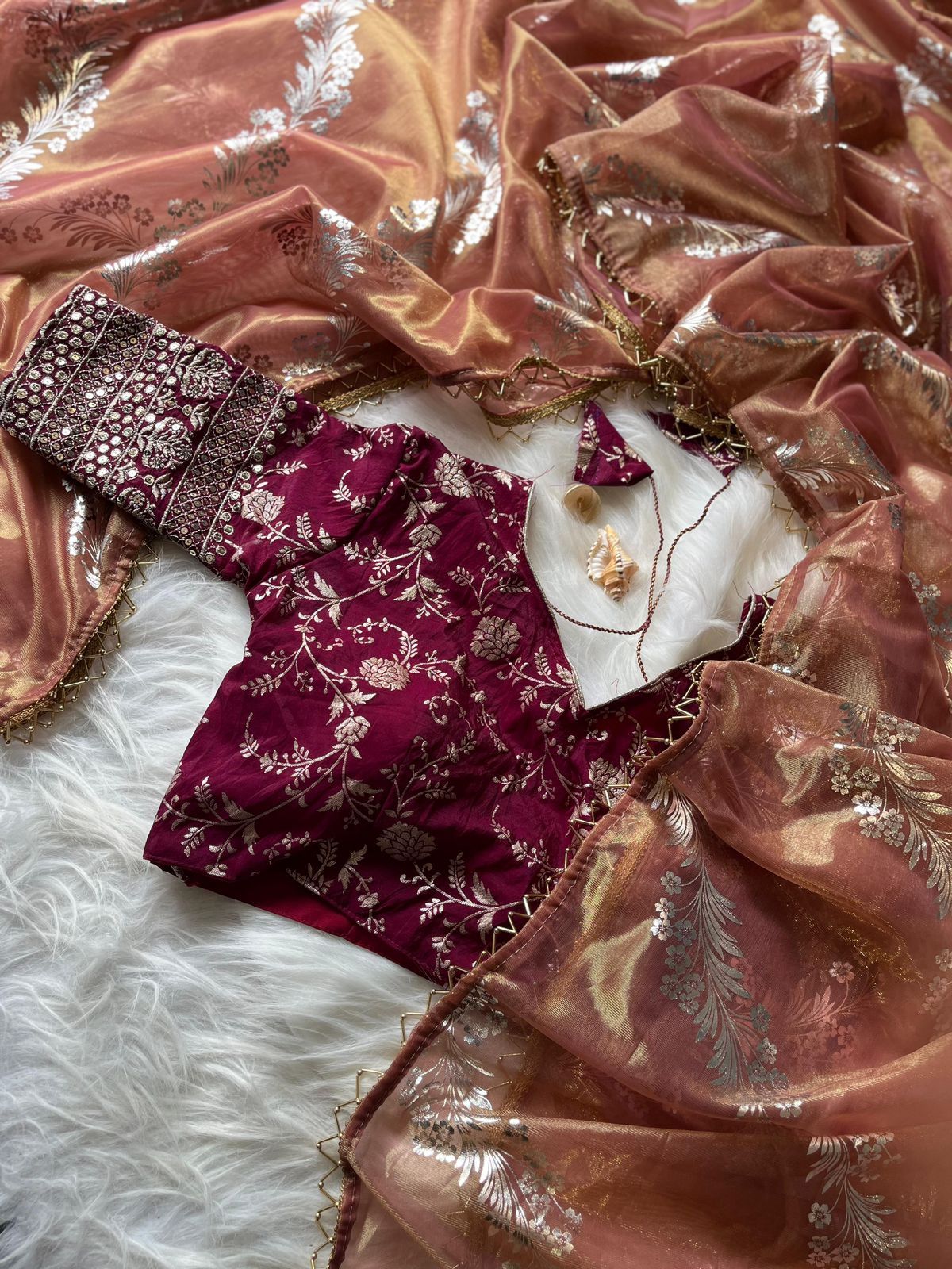 Caramel colour Tissue saree with Foil work
