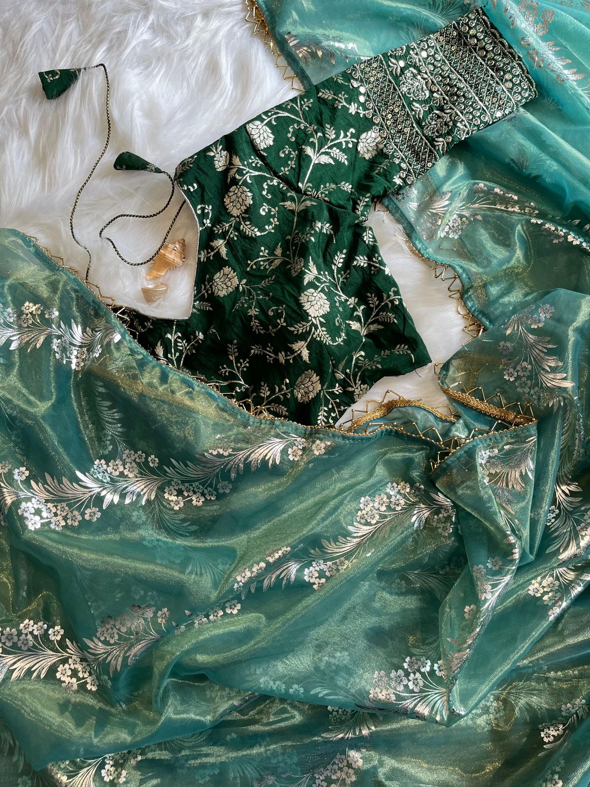 Sea Green colour Tissue saree with Foil work