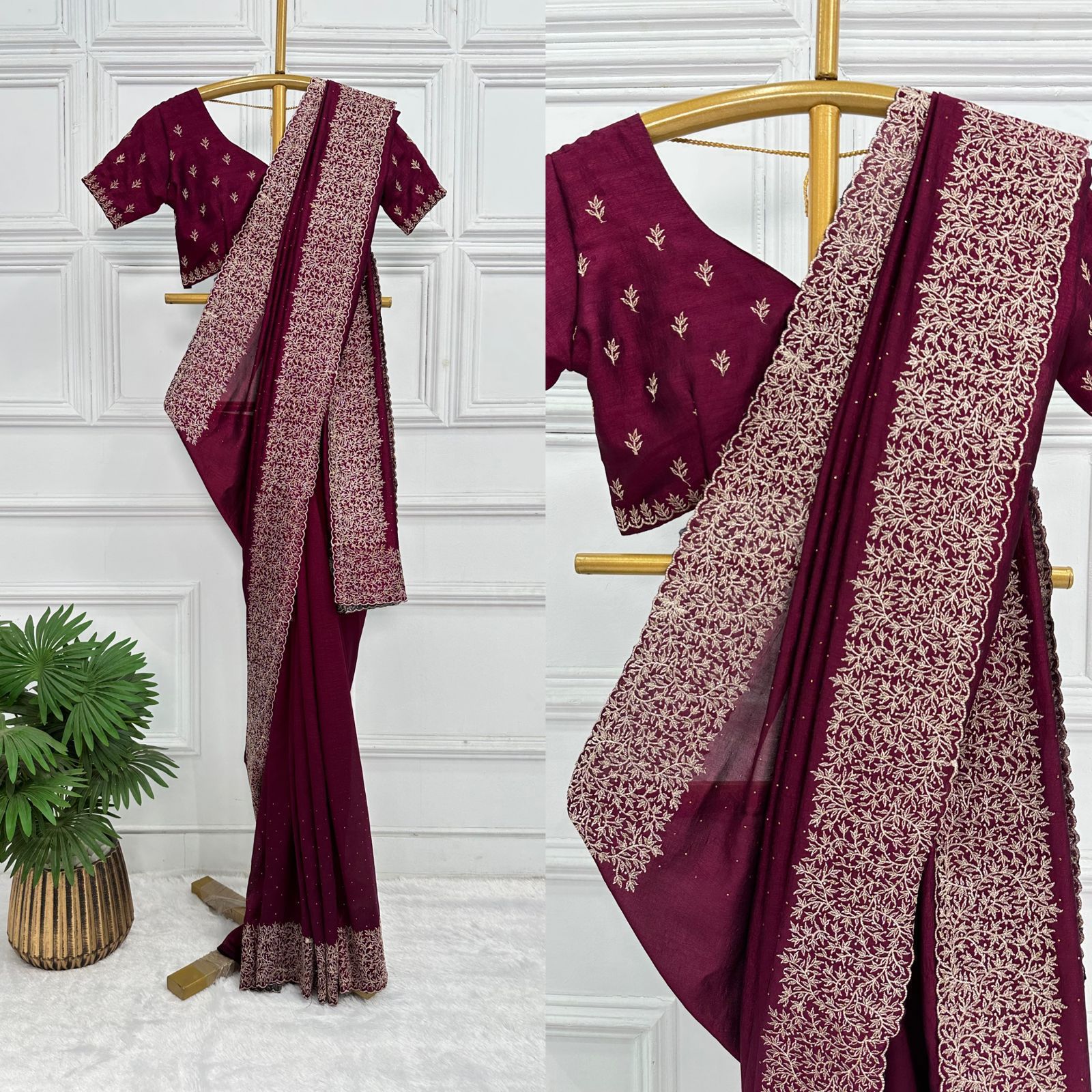 Dark wine colour vichitra silk saree with embroidery work