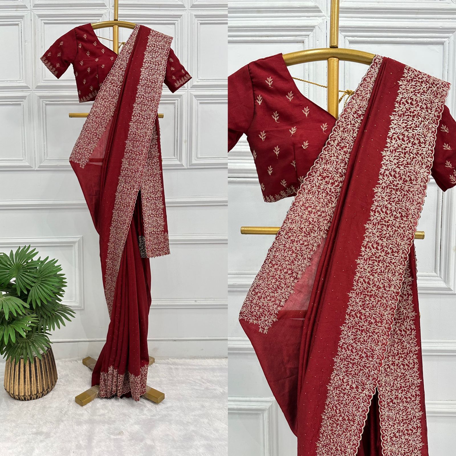 Maroon colour vichitra silk saree with embroidery work
