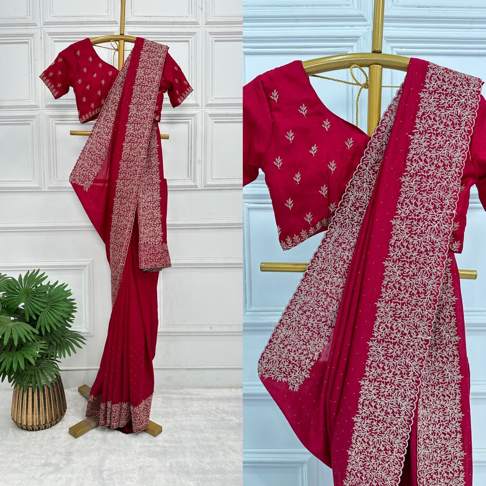 Gajari colour vichitra silk saree with embroidery work