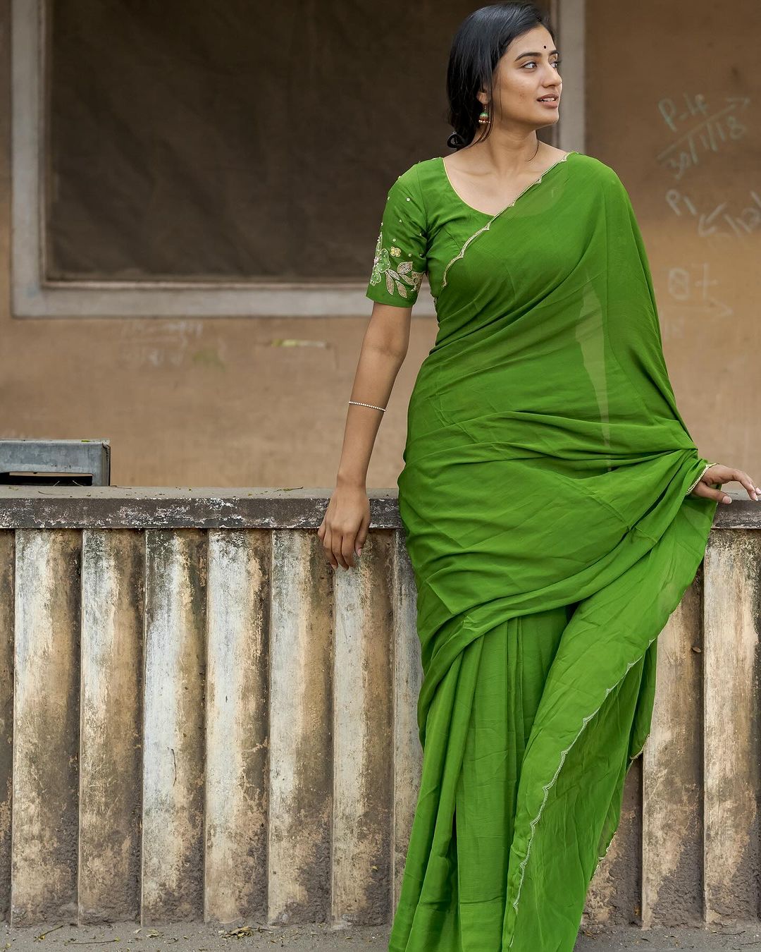 Priyanjalli Green Chinon silk Saree With Hand Work Blouse