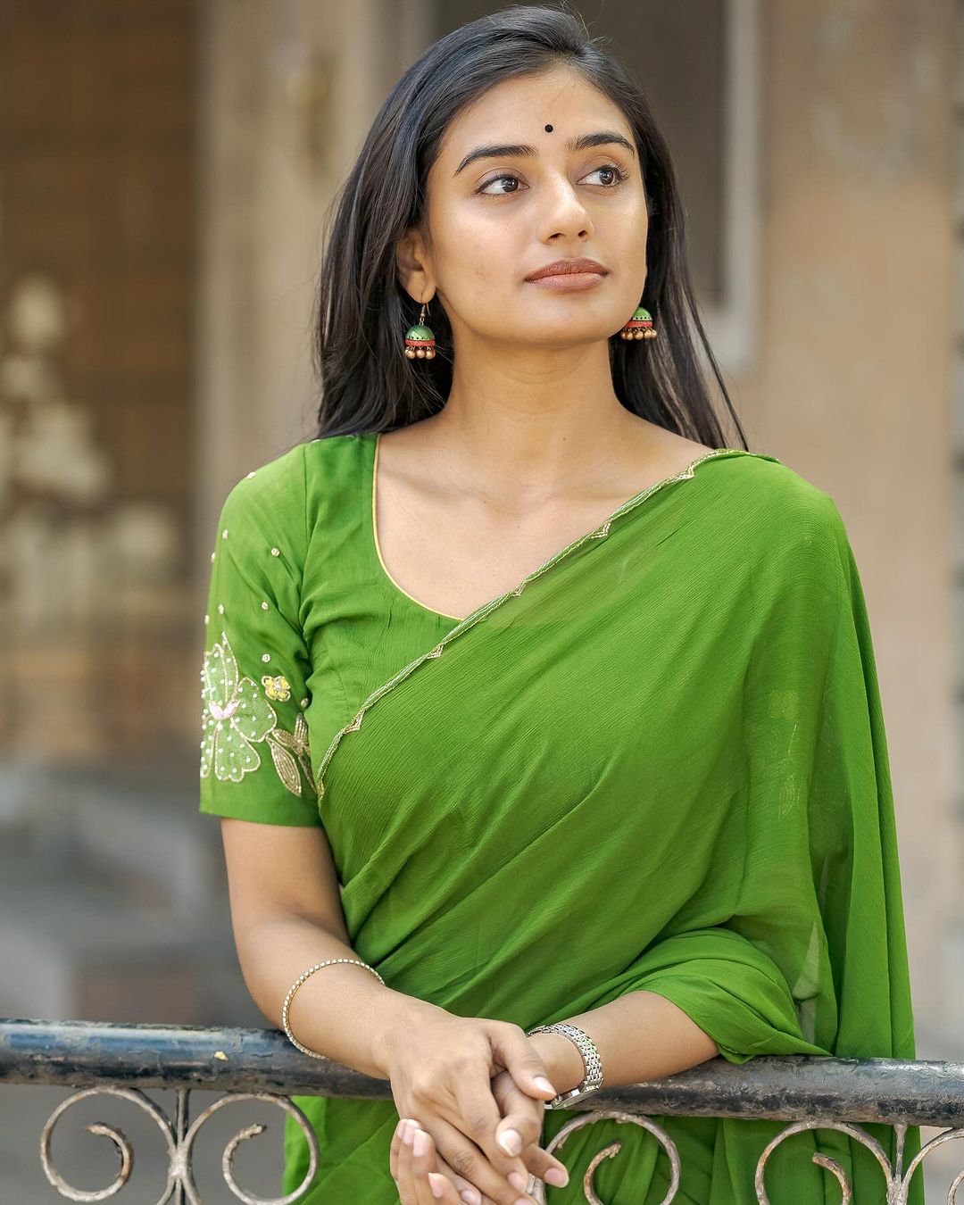 Priyanjalli Green Chinon silk Saree With Hand Work Blouse