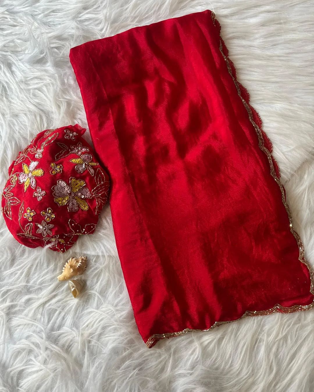 Priyanjalli Red Chinon silk Saree With Hand Work Blouse