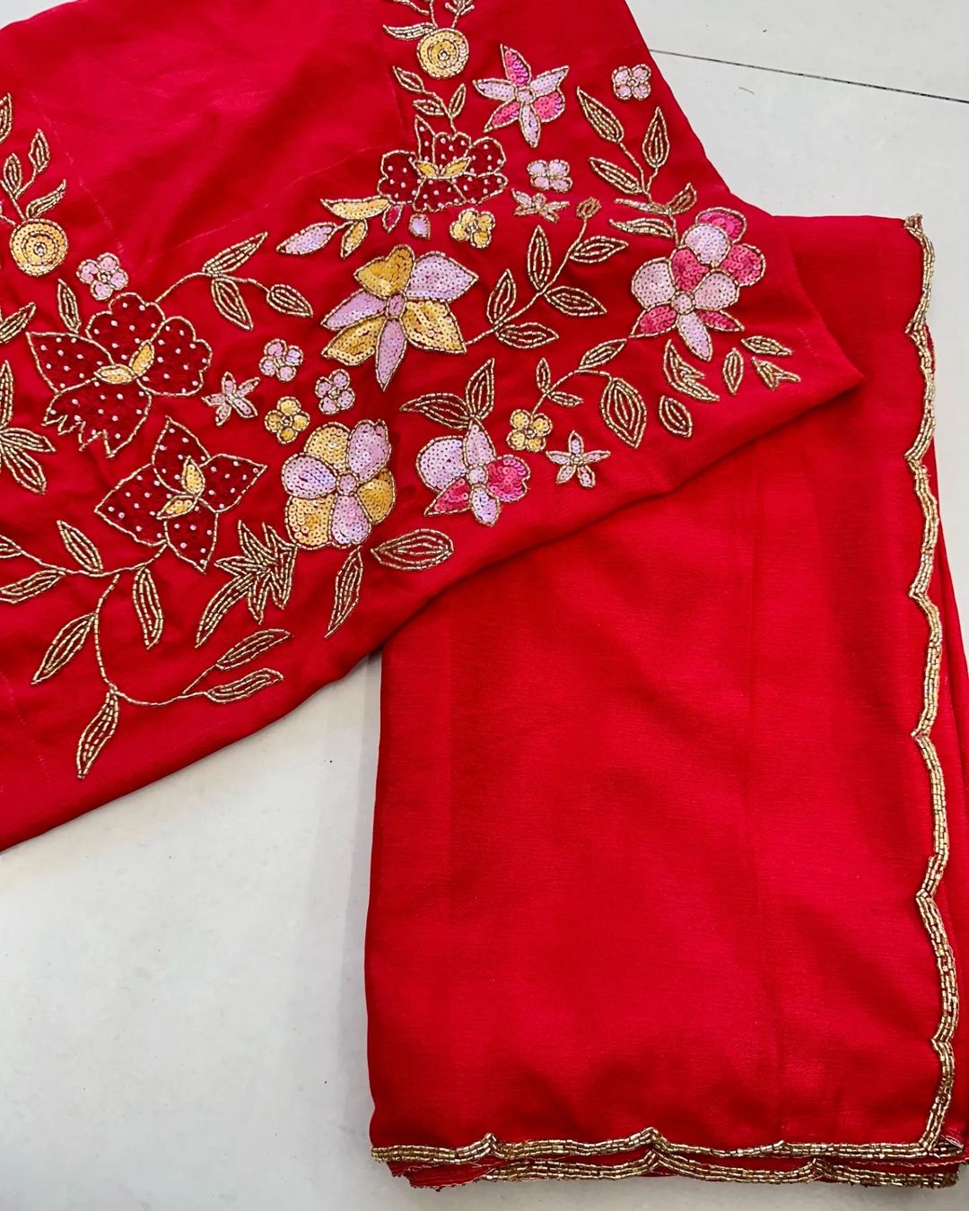Priyanjalli Red Chinon silk Saree With Hand Work Blouse