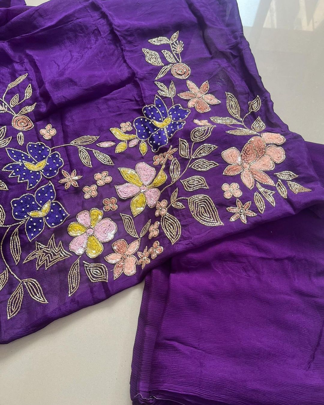 Priyanjalli Purple Chinon silk Saree With Hand Work Blouse