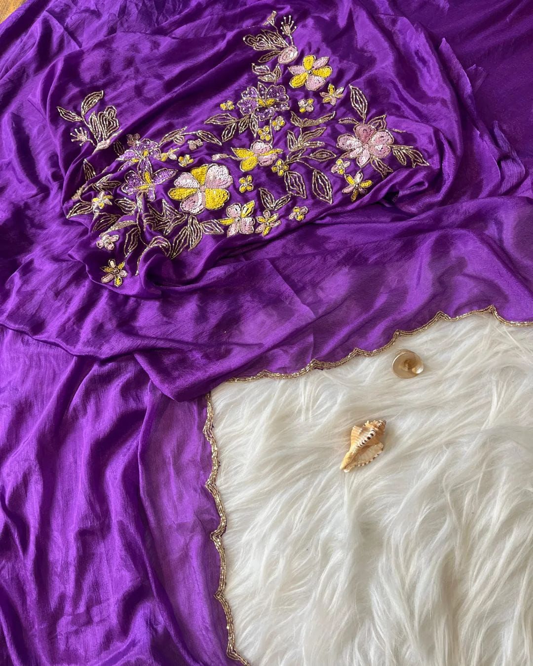 Priyanjalli Purple Chinon silk Saree With Hand Work Blouse