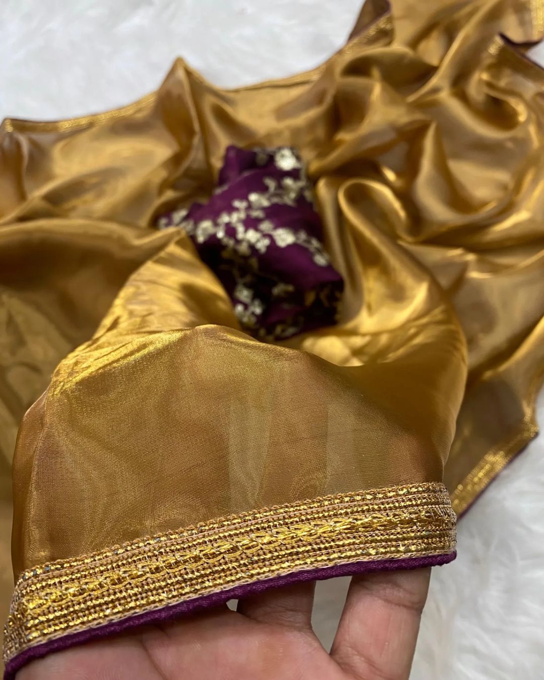 Priyanjalli Golden JImmy Choo silk Saree With Hand Work Blouse