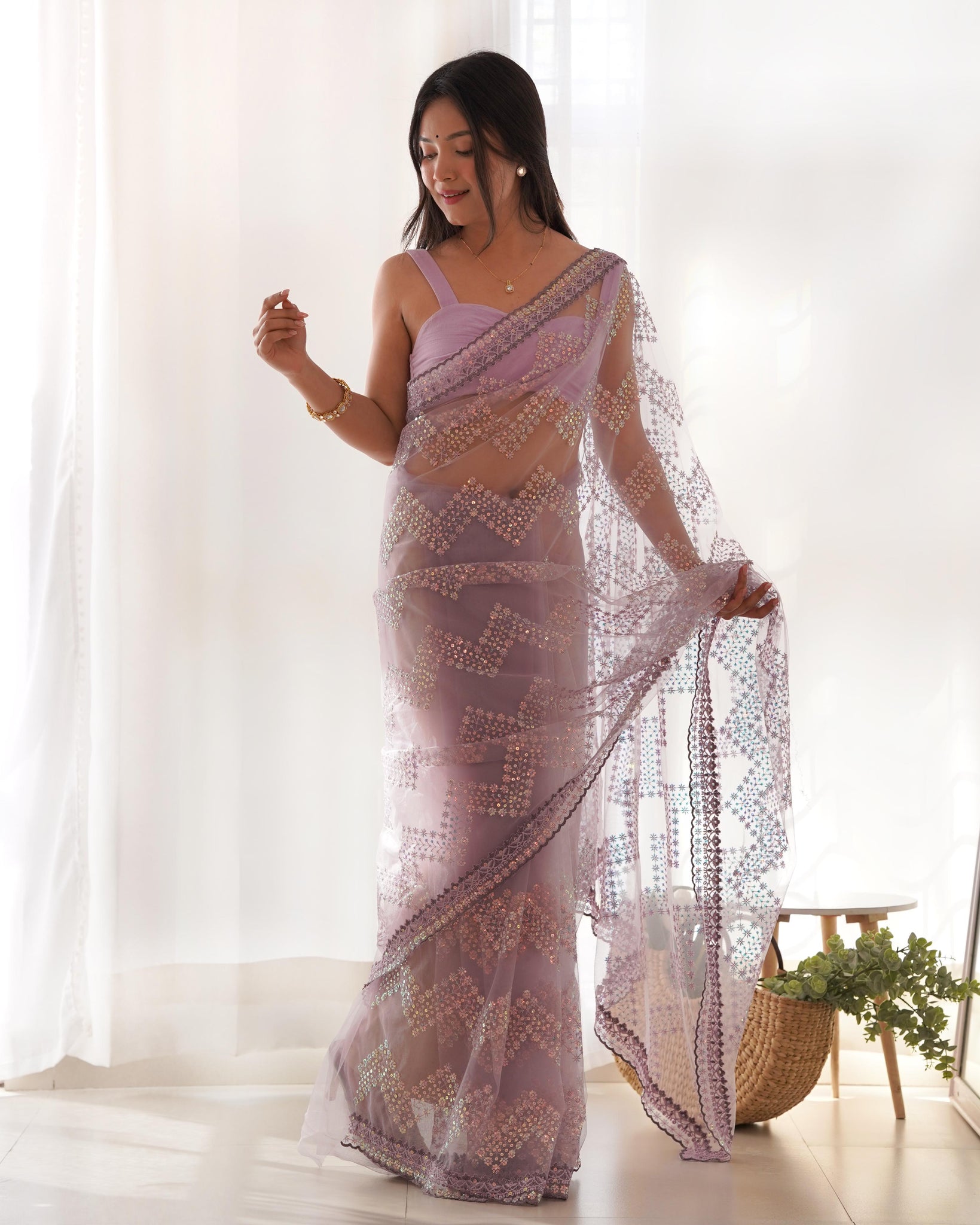 Priyanjalli Lavender Embrodery Work Net silk Saree