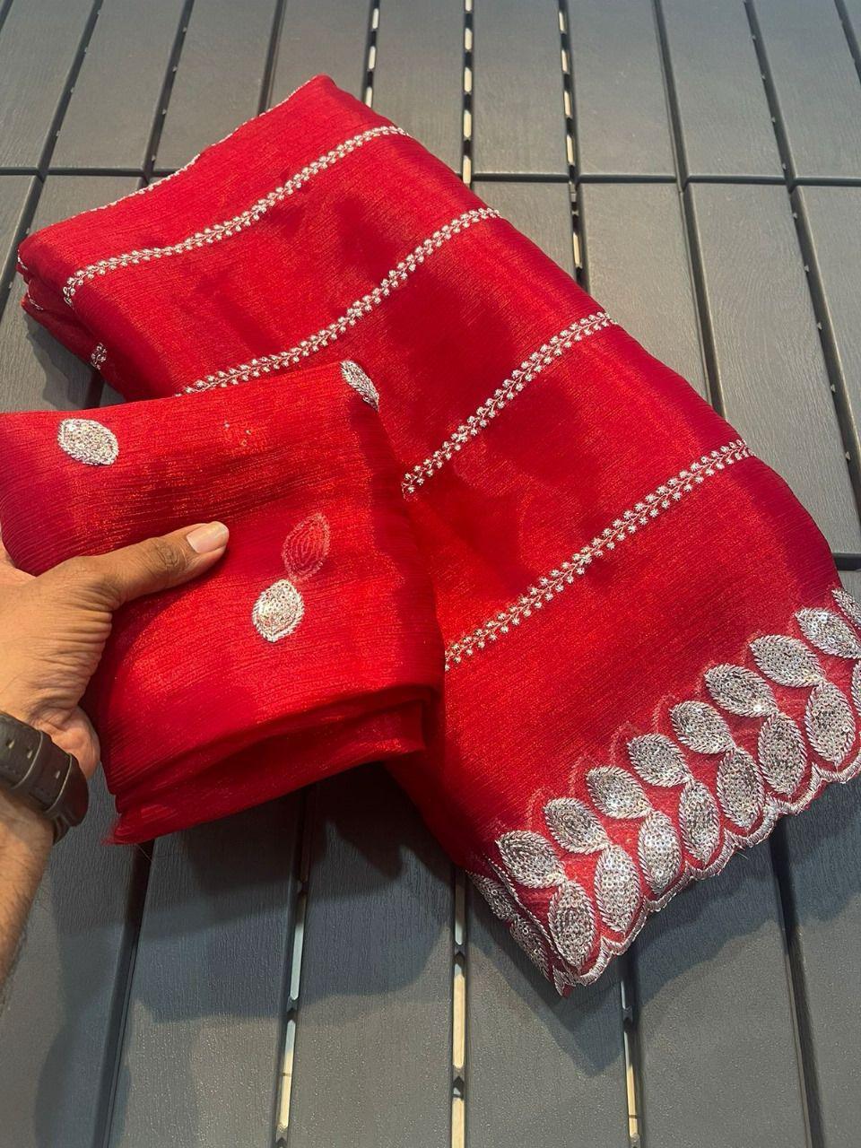 Priyanjalli Red Burbury silk Saree With Embrodery Work Blouse