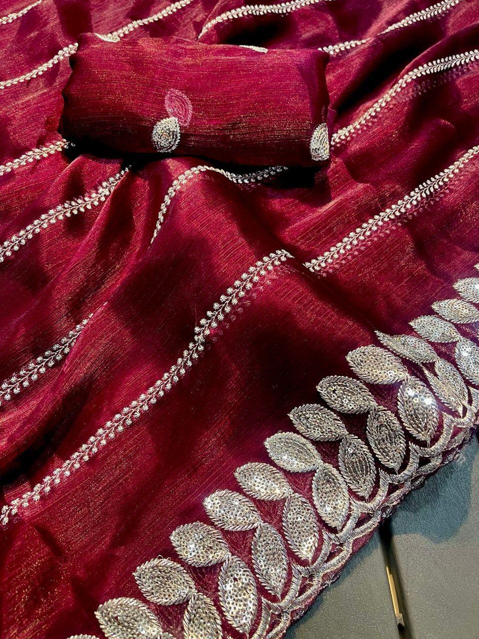 Priyanjalli Marun Burbury silk Saree With Embrodery Work Blouse