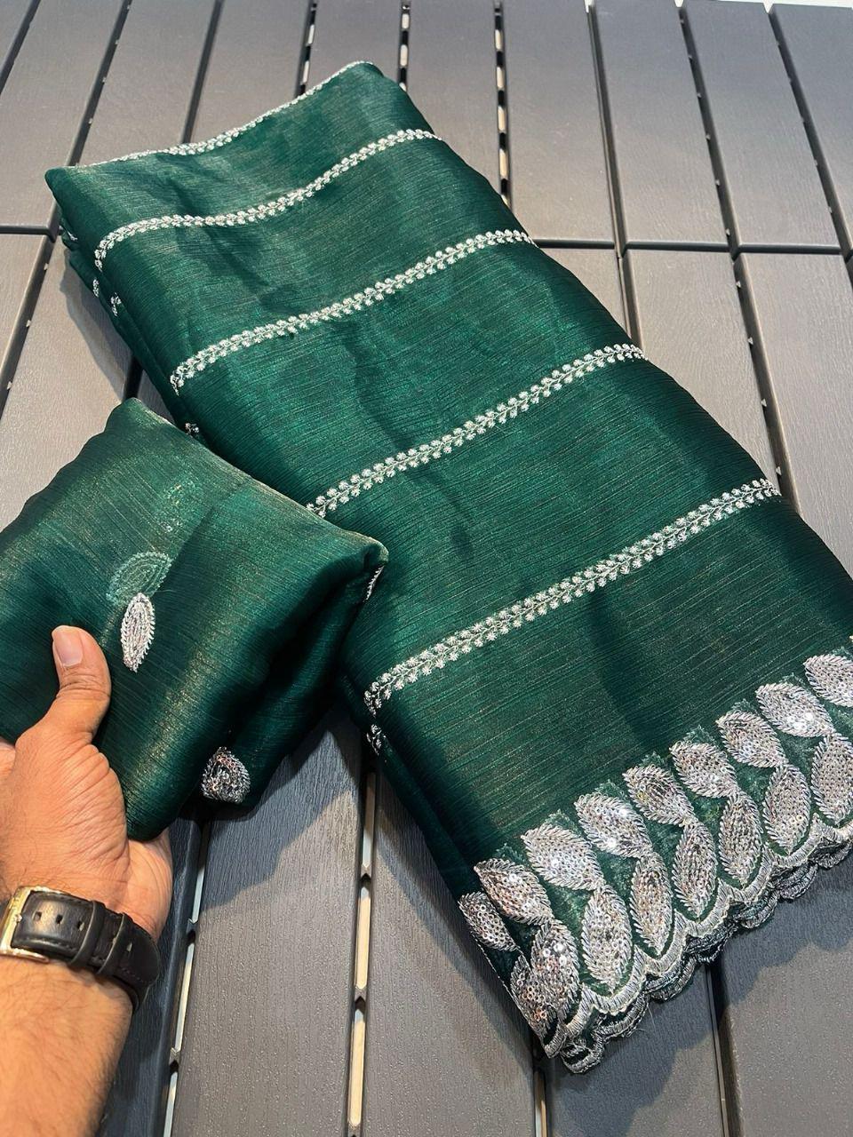 Priyanjalli Green Burbury silk Saree With Embrodery Work Blouse
