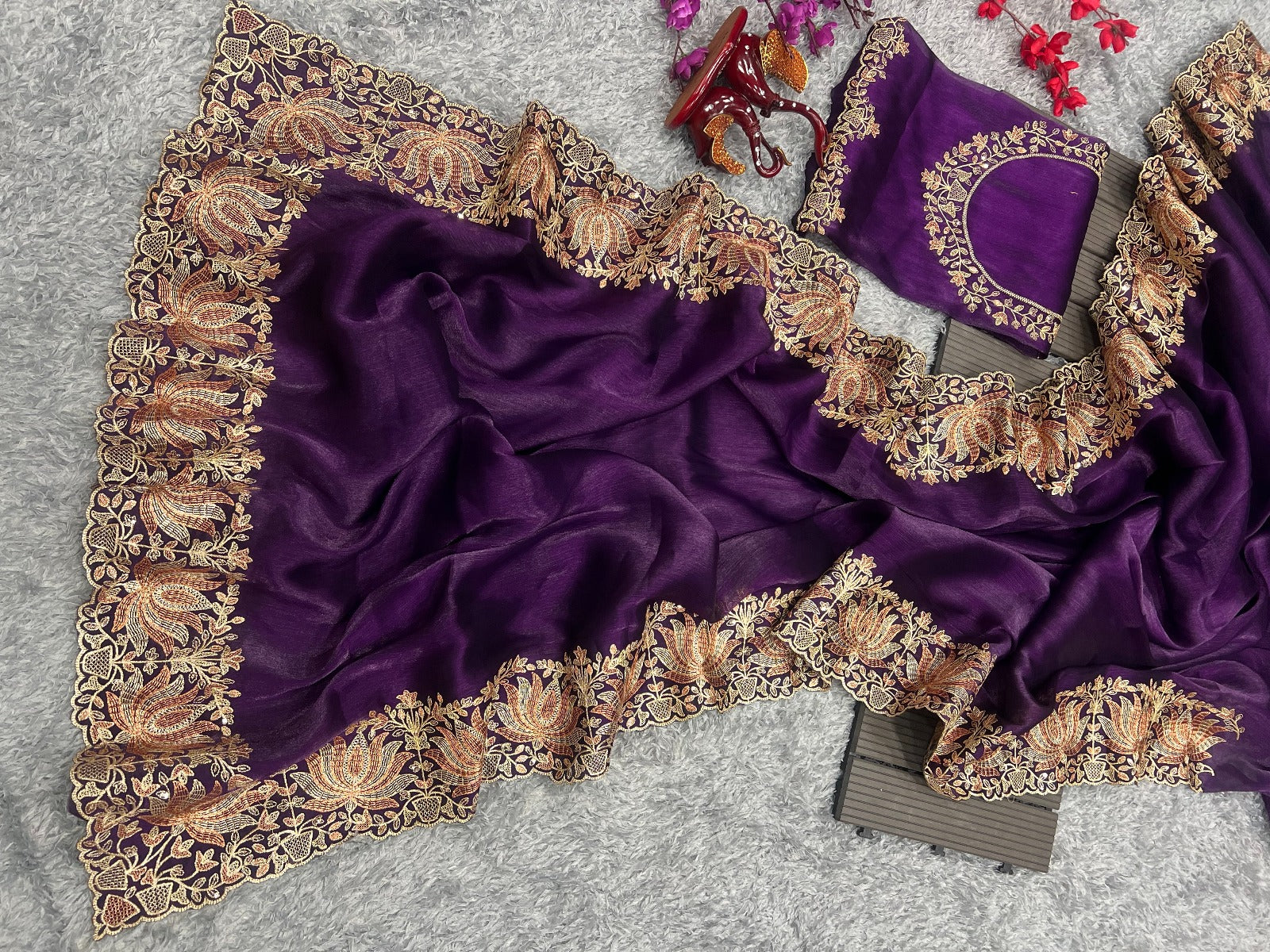 Dark Purple Beautiful Gold zari and sequins Embroidery work Saree