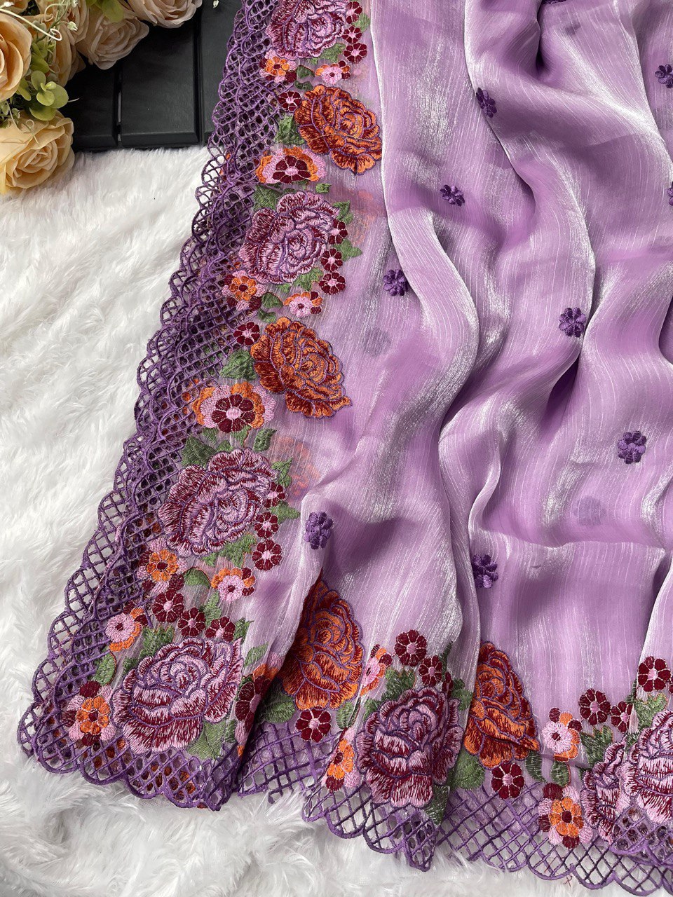 Lavender Pure Jimmy Choo Silk Saree  with beautiful Embroidery 5 Niddle thread work