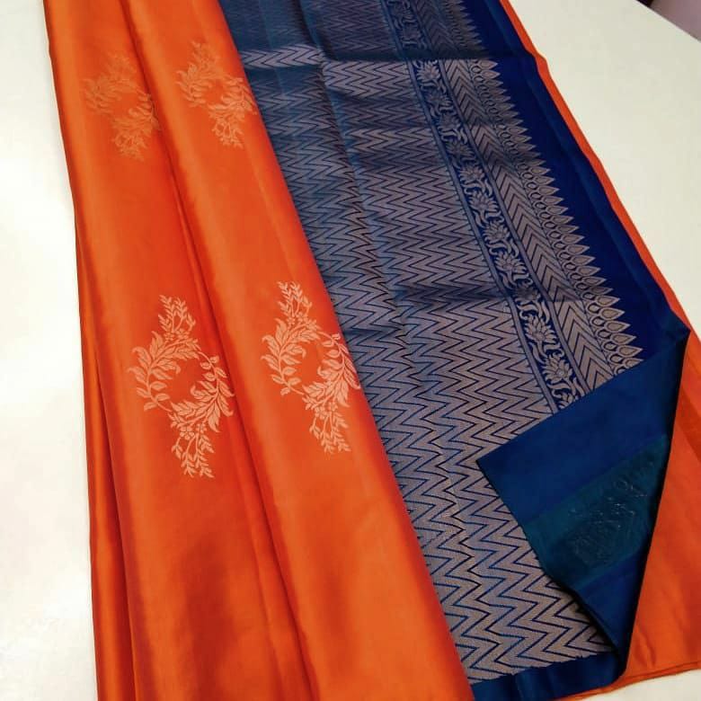 Orange Soft Silk Saree With Golden Zari Weaving