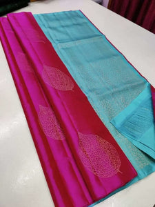 Pink Nd Blue Soft Lichi Saree With Gold Zari Weaving