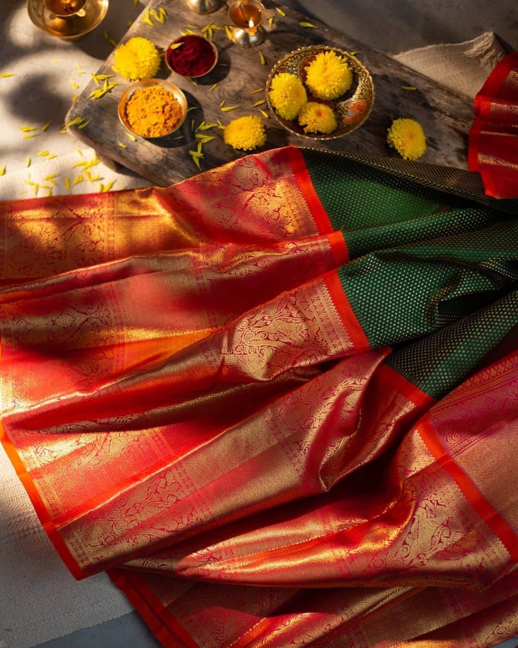 Charming Green Red Colour Traditional Looking Silk Saree